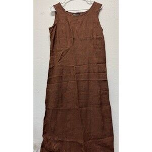 Linen Maxi Dress 12 Sleeveless Brown Embroidered Floral Summer Slit‎